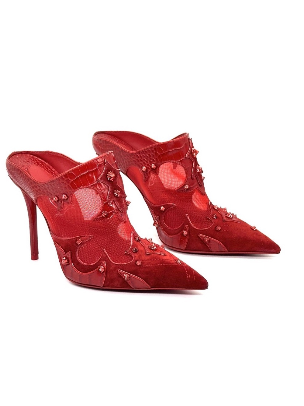 NEW Christian Louboutin MULATIAG 100 Spiked Stud Mules $1695 37 red